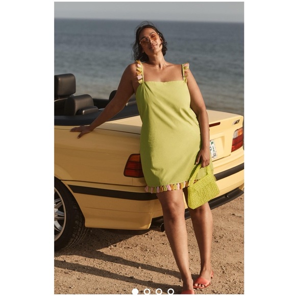 New Anthropologie The Hartley Shift Mini Dress Lime Green Pink Fringe petite - Picture 4 of 4